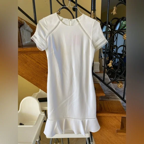 Shoshanna Dresses | Shoshanna White Mini Dress With Lace Trim On Sleeve - Sample Size | Color: White | Size: 4 | Fjarmstrong's Closet